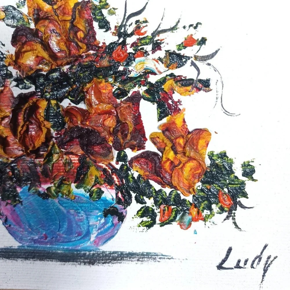 MCM Still Life Original Textured Oil Painting Roses Flowers Floral Arrangement - Picture 8 of 8